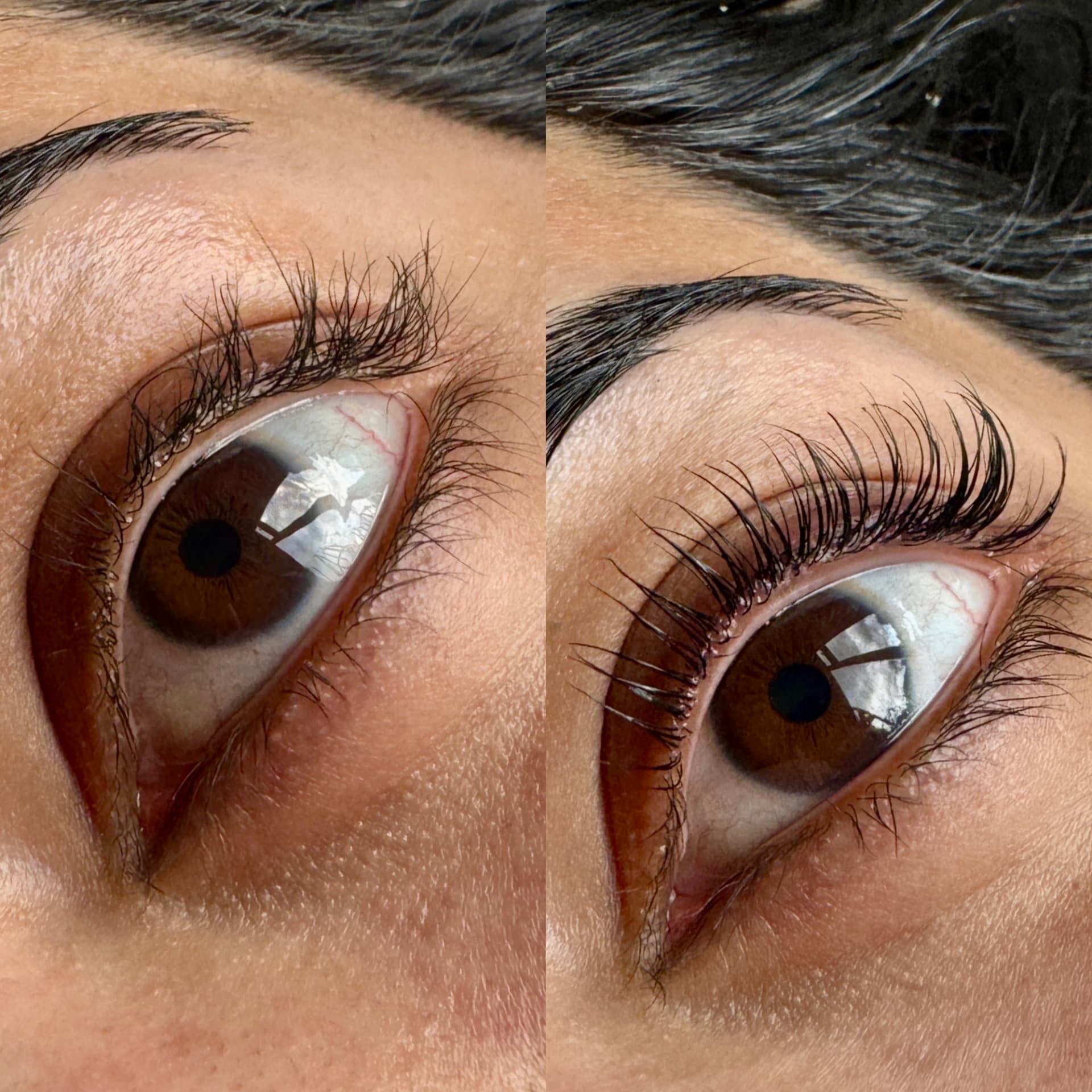 Eye before and after a Korean lash lift with keratin